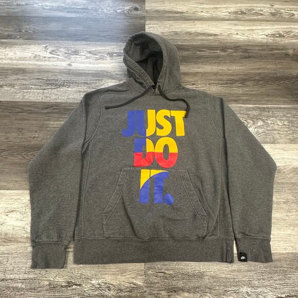 Nike Gray Mens M Just Do It Tri Color Spellout Sporty Athletic Pullover Hoodie - Picture 1 of 12